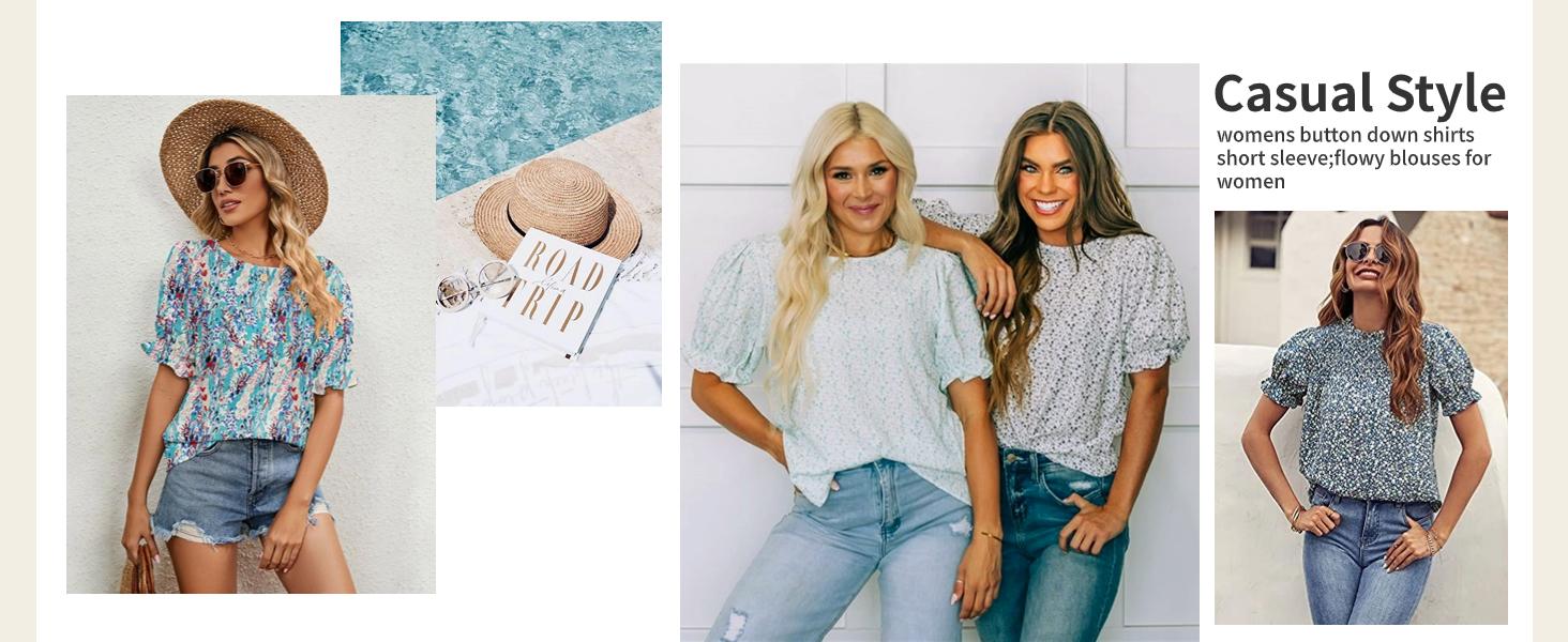 Womens Blouses Dressy Casual Floral Print Crewneck Smocked Puff Short Sleeve Shirts Summertok Comfort Spring Outdoorfun