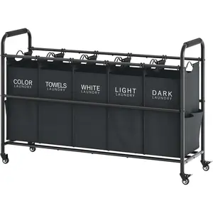 5 Bag Laundry Sorter Cart, 5 Section Laundry Hamper with Heavy Duty Rolling Lockable Wheels, Laundry Basket Organizer with Removable Bags for Dirty Clothes Storage, Black