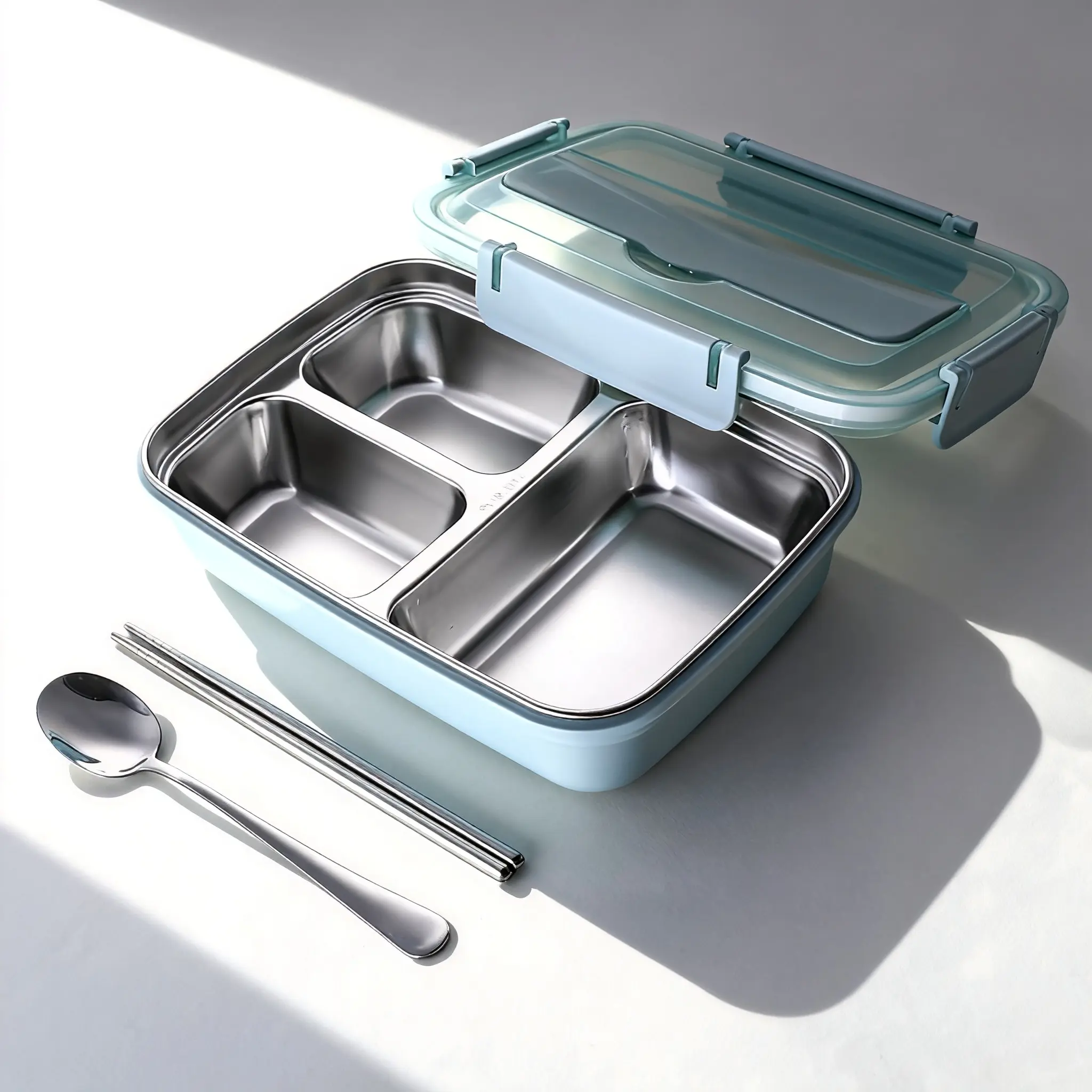 Portable Thermal Lunch Box with Lid - 3-Grid Insulated Personal Bento Set, Steel & Silicone Components, Blue, Included Spoon, Chopsticks, Tableware & Snack Box Container