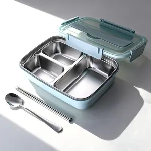 Insulated Multi-Compartment Bento Lunch Set - Three-Grid Lunch Box Blue with Spoon and Chopsticks