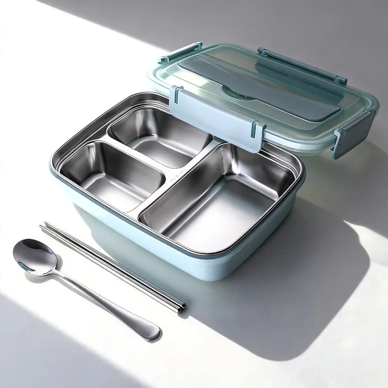 Modern 3-Compartment Bento Style Reusable Lunch Box - BPA-Free Geometric Compact Insulated Thermal Tableware, Steel & Silicone Set, Blue, Includes Spoon, Chopsticks, Snack Box Container, Ideal for School Kids