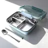 Modern 3-Compartment Bento Style Reusable Lunch Box - BPA-Free Geometric Compact Insulated Thermal Tableware, Steel & Silicone Set, Blue, Includes Spoon, Chopsticks, Snack Box Container, Ideal for School Kids