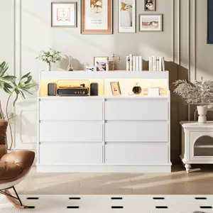 【GARVEE】Dresser for Bedroom, 6 Drawer Dresser with LED Lights and Charging Station, Wide Chest of 6 Drawers with Open Space, Modern Large Capacity Storage Cabinet, Living Room, Hallway, White