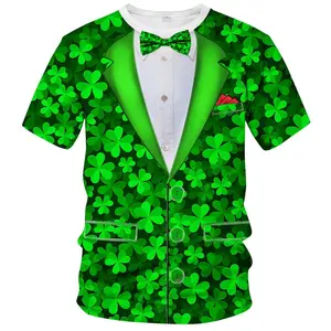 Unisex St. Patrick’s Day Shamrock Tuxedo 3D Print T-Shirt, Festive Clover Bow Tie & Fake Suit Design for Party Event Casual Adult Wear