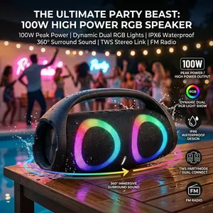 2026 100W high power Portable bluetooth Karaoke Machine speaker  RGB colorful light waterproof wireless subwoofer 360 stereo surround TWS FM boombox