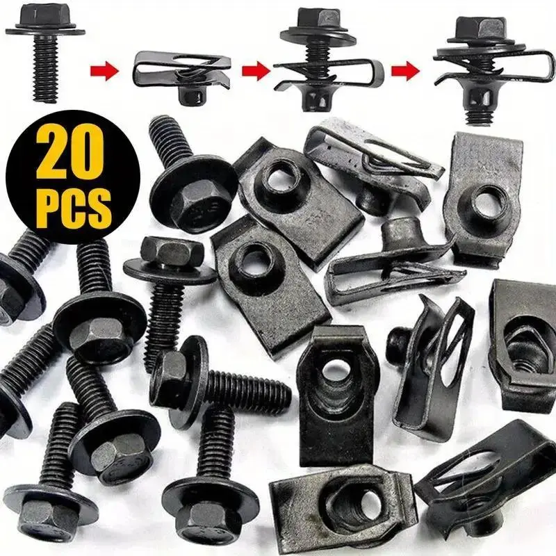 20 Pcs Functional M6 Car Body Bolt Fixing Set - Metal Parts Engine Cover, Lower Splash Guard, Bumper & Fender Lining Fasteners with Assembly & Disassembly Tools, Automotive Hardware Accessories, M6 Engine Cover