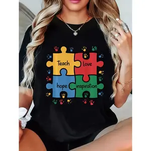 Women'S Autism Awareness T-Shirt - "Care for Autism" Graphic Tee with Puzzle Pieces & Inspirational Words, Short Sleeve Crew Neck Casual Top for Spring & Summer, White with Colorful Puzzle Print, Allseason Top | Inspirational Clothing | Glossy Fabric