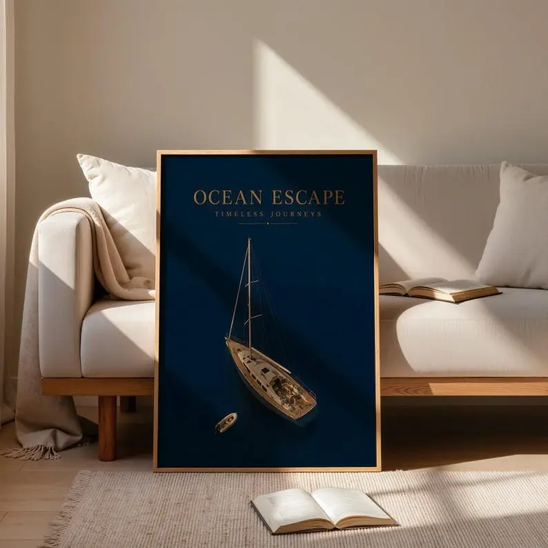 Luxury Sailboat Wall Art Print, Nautical Old Money Poster, Coastal Navy Decor, Elegant Yacht Artwork, Minimalist Ocean Print