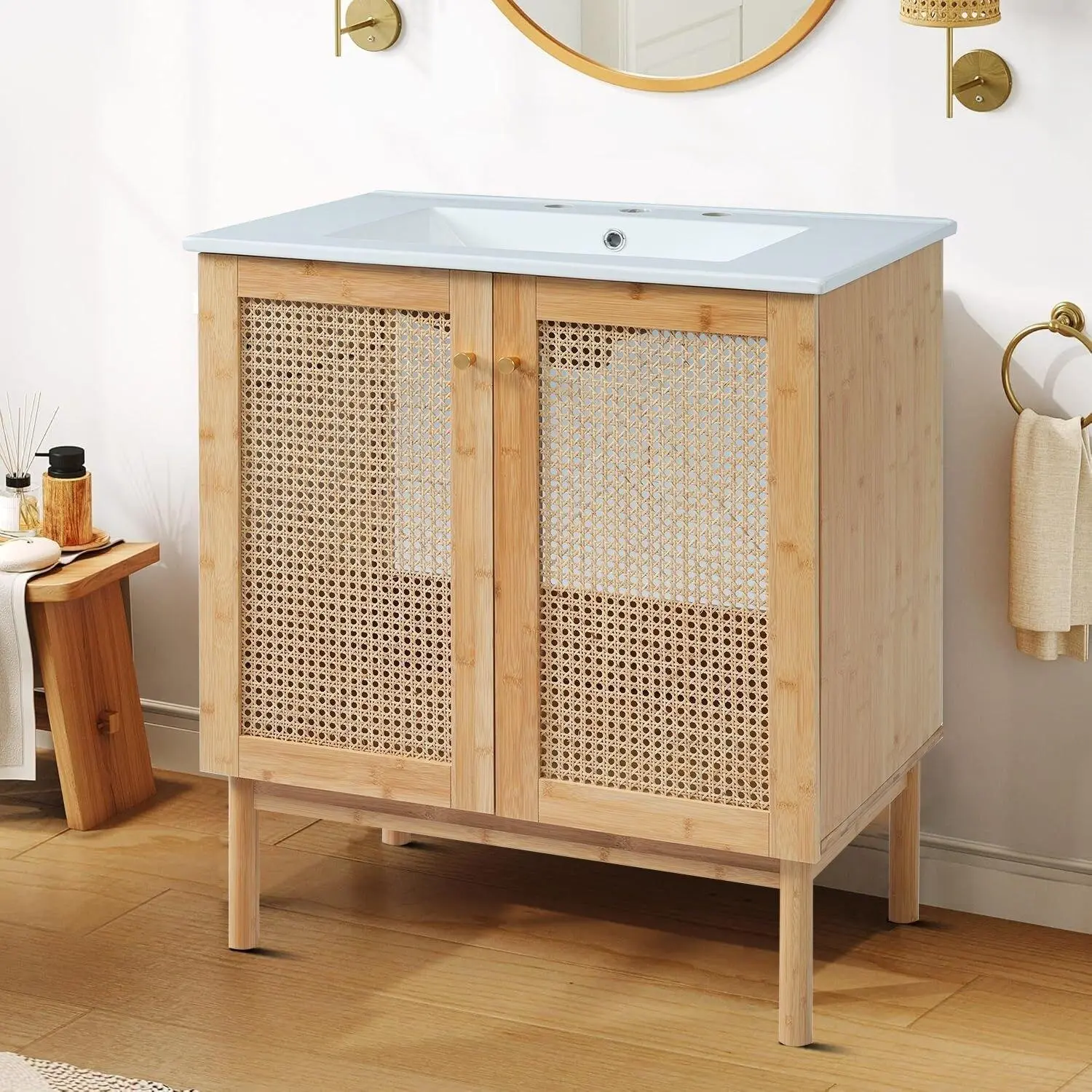Classic Farmhouse Style Wooden Bathroom Vanity with Drop-In Top Ceramic Sinks