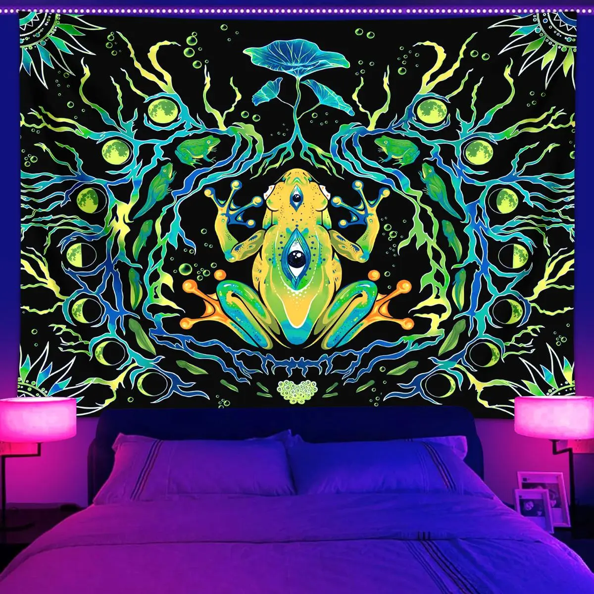 Fantasy Frog Pattern Tapestry, UV Responsive Black Light Tapestry, Wall Decorative Hanging Tapestry for Home Bedroom Living Room