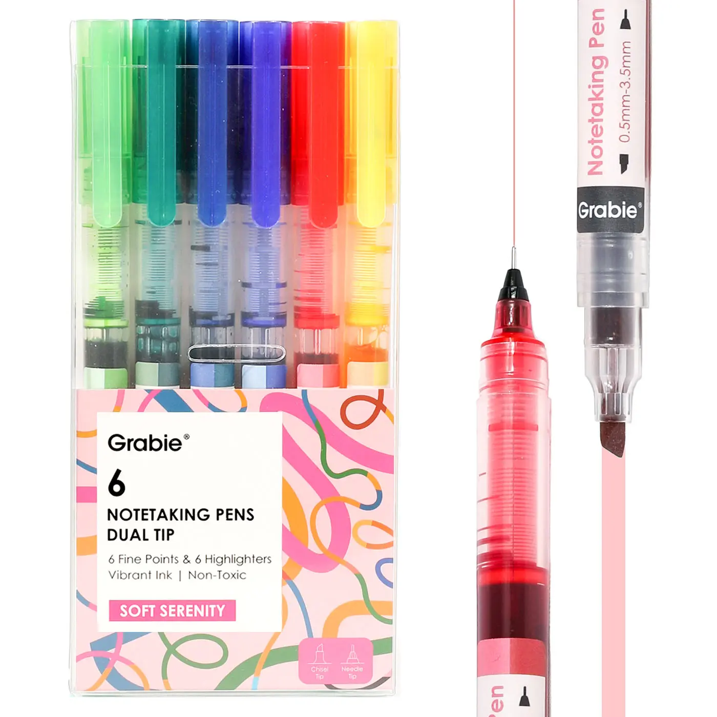 Grabie Soft Serenity 6-Piece Double-Tip Notetaking Pen Kit, Back to School, Writing Stationery, 3.5mm Chisel Tip, Color-Themed Pens & Refills, Highlighter, Class Reward Gift Idea, School Supplies