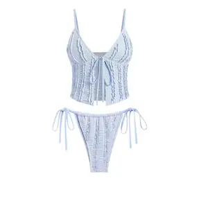 blueberry blue ruffled trim textured swimwear