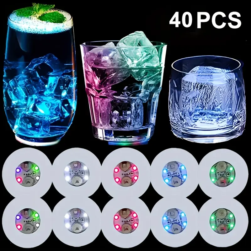 Glow-in-the-Dark LED Drink Coasters, 40-Piece Lightweight Plastic Tableware Set with Colorful & White Battery-Powered Lights, Included Batteries for Bar Events & Party Supplies
