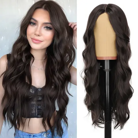 [AISI HAIR] Women's Rich Dark Brown Silky Shine 26 in Body Wave Glueless Lace Front Synthetic Wig, Middle Part, Natural Hairline, Synthetic Scalp, for Daily & Party Use, Body Wave Wigs
