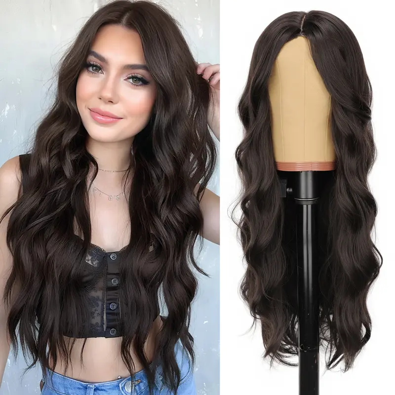 [AISI HAIR] Women's Rich Dark Brown Silky Shine 26 in Body Wave Glueless Lace Front Synthetic Wig, Middle Part, Natural Hairline, Synthetic Scalp, for Daily & Party Use, Body Wave Wigs