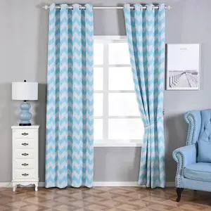 2 Pack White Light Blue Chevron Print Blackout Window Curtain Grommet Panels, Noise Canceling Curtains - 52"x108"