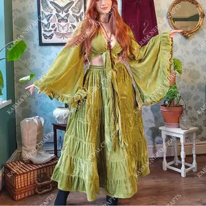 Bohemian Style Velvet Flowy Skirt, Maxi Skirt, Women 70s Style Skirt with Bell Sleeve Top, Winter Skirt, Long Skirt, Elastic Waist, 90s Fashion, Festival Fashion Solid Color Skirt