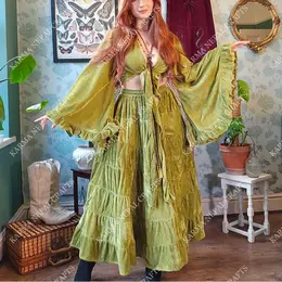 Bohemian Style Velvet Flowy Skirt, Maxi Skirt, Women 70s Style Skirt with Bell Sleeve Top, Winter Skirt, Long Skirt, Elastic Waist, 90s Fashion, Festival Fashion Solid Color Skirt