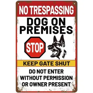 Retro Tin Print Waterproof Metal Wall Plaque, 12x8 in No Trespassing Sign with Do Not Enter, Dog On Premises Warnings, Stop Keep Gate Closed Outdoor Decor for Property Garden