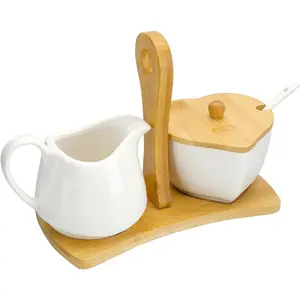 Creamer and Sugar with Carry Tray Set, Ceramic Cream and Sugar Bowl Set with Spoon & Lid, Vintage Cream Pitcher Sugar Jar with Tray, Creamer Dispenser Sugar Holder Container, Coffee Serving Set