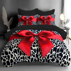 3pc Leopard Print Bedding Set, Soft Bedding Sets, leopard print and bow duvet cover Set, including 1 duvet cover and 2 pillowcases, a gift for friends, suitable for single beds and double beds, multiple sizes available, perfect for bedrooms, dormitories