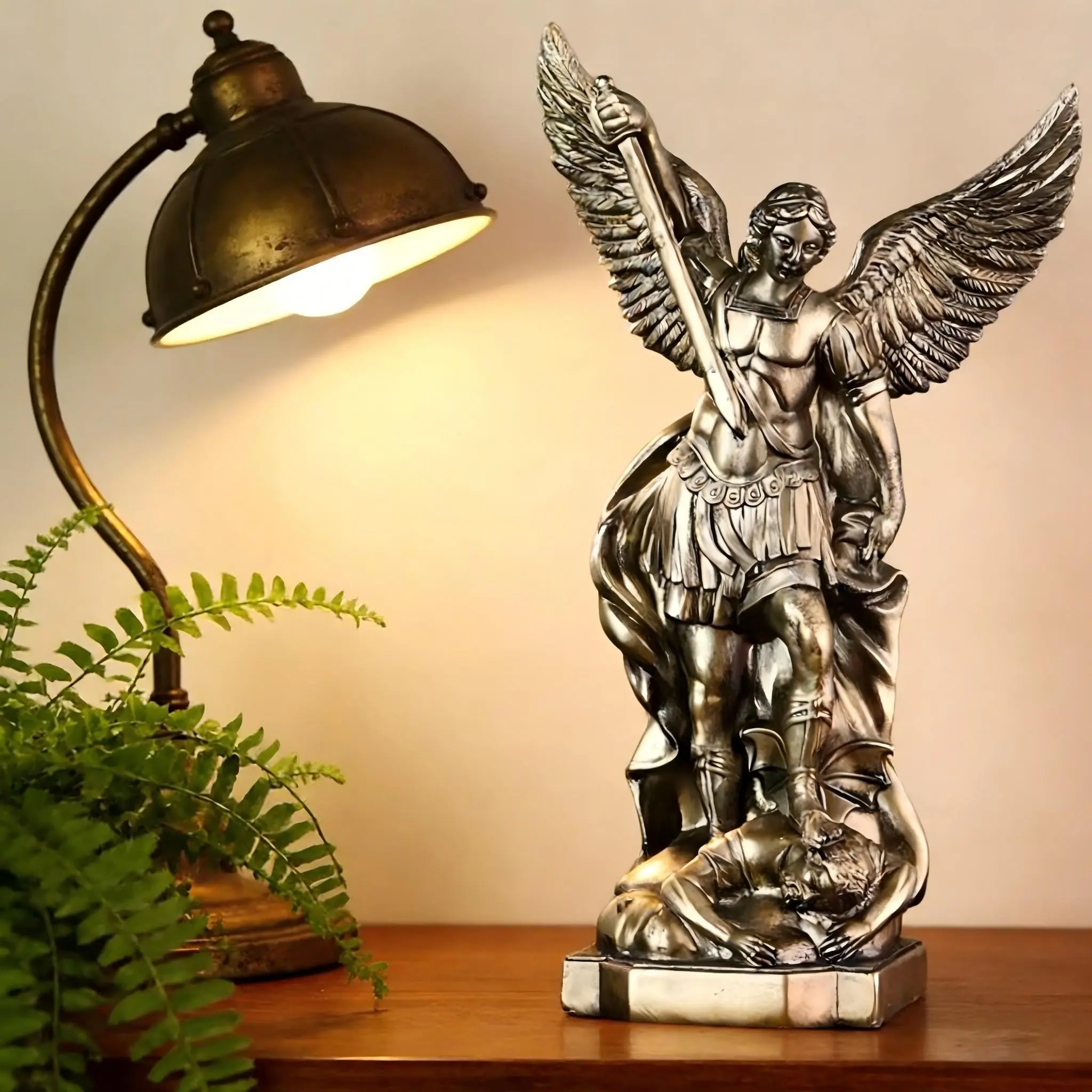 Handmade Saint Michael Angel Statue, 8.5 Inch Resin Religious Figurine with Complex Wings and Spear, Decorative Home Church Office Desktop Decoration, Religious Decorations, Holiday Decoration, Christmas Ornaments