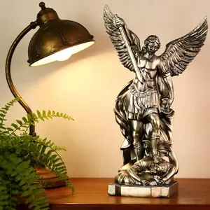 Handmade Saint Michael Angel Statue, 8.5 Inch Resin Religious Figurine with Complex Wings and Spear, Decorative Home Church Office Desktop Decoration, Holiday Decoration