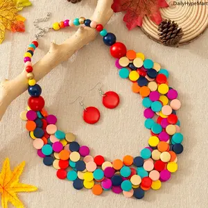 Retro Multi-Color Round Disc Beaded Multi-Layer Necklace and Bracelet Set, Ideal for Anniversary Gifting