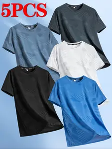 5-Pack Assorted Colors Men’s Summer T-Shirts — Stylish Printed Casual Sports Short-Sleeve Tees, Unisex Breathable Crew Neck Short-Sleeve Shirts, Comfortable Stretch Fabric Tops, Suitable for Sports, Outdoor Activities, Running, Fitness Training, Daily Wea