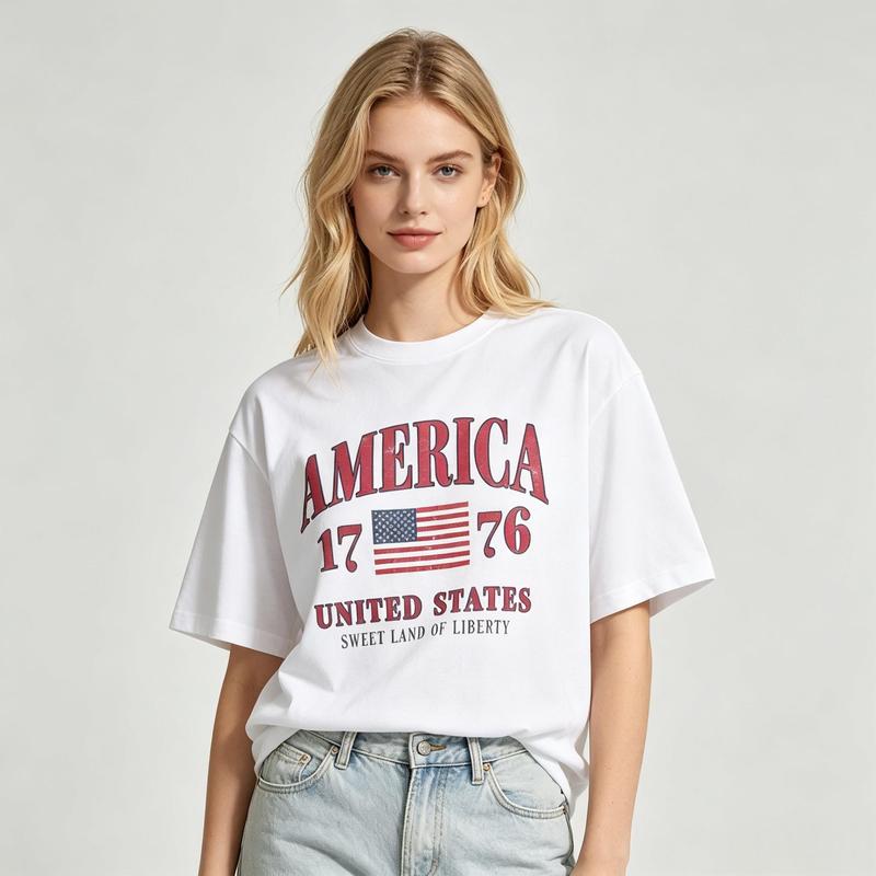 Women's Pure Cotton Patriotic Crew Neck Fitted Tee - Comfort Colors Retro USA 4th of July, Tailored Breathable Preppy Beach Top, Machine Washable Summer Style Tshirt