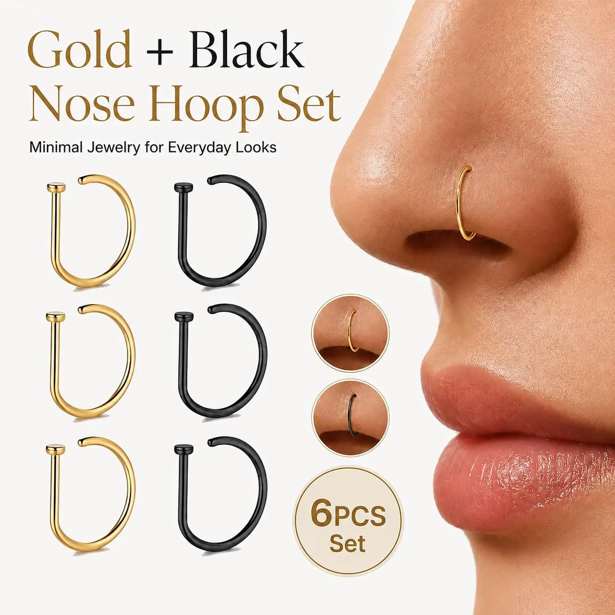 6pcs No Piercing Gold Nose Ring, Unisex Stainless Steel Fake Nose Hoop, D-Shaped Clip-On Nose Jewelry, Simple Street Style Accessory for Women & Men