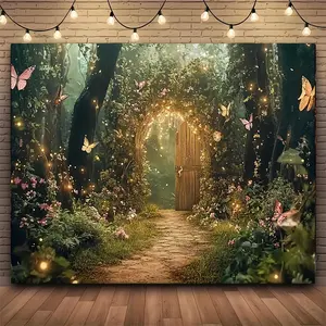 Polyester Spring Fairy Tale Backdrop - Vibrant Magic Garden with Butterflies, Grass, Banner Booth Props, Summervibes Design for Birthday Parties, Studio Photography, Home Decor