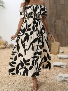 Women's One Shoulder Split Hem Dress, Plant Print Boho Bohemian Casual Fashion, Summer Vacation Style, Comfortable and Stylish Elegance, Perfect for Daily Wear