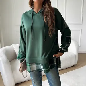 Women's Vintage Oversized Hoodie With Plaid Patchwork Long Sleeve Pullover Knitted Polyester Fabric Medium Length Autumn Tops Brown Womenswear Asian