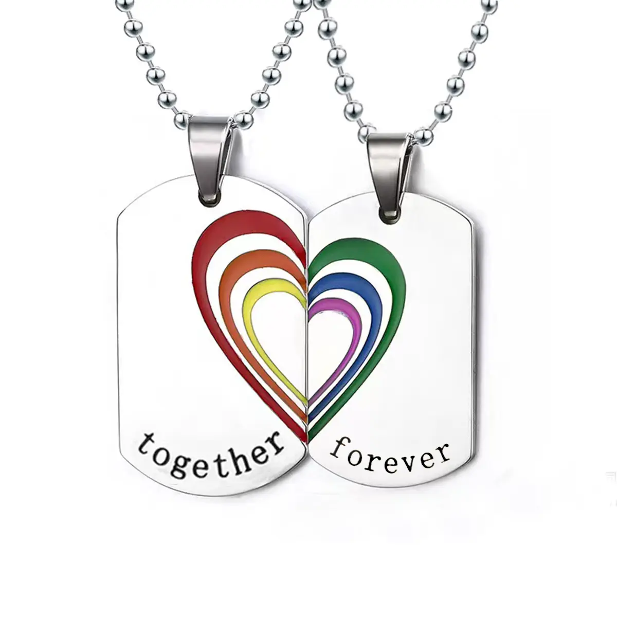 2-Piece Rainbow Heart Friendship Necklace, Geometric Stainless Steel Jewelry Set with Matching Pendants for Couples, Personalized Jewelry Gift, Unisex, Love, Party, Silvery, Chain Jewelry Necklaces