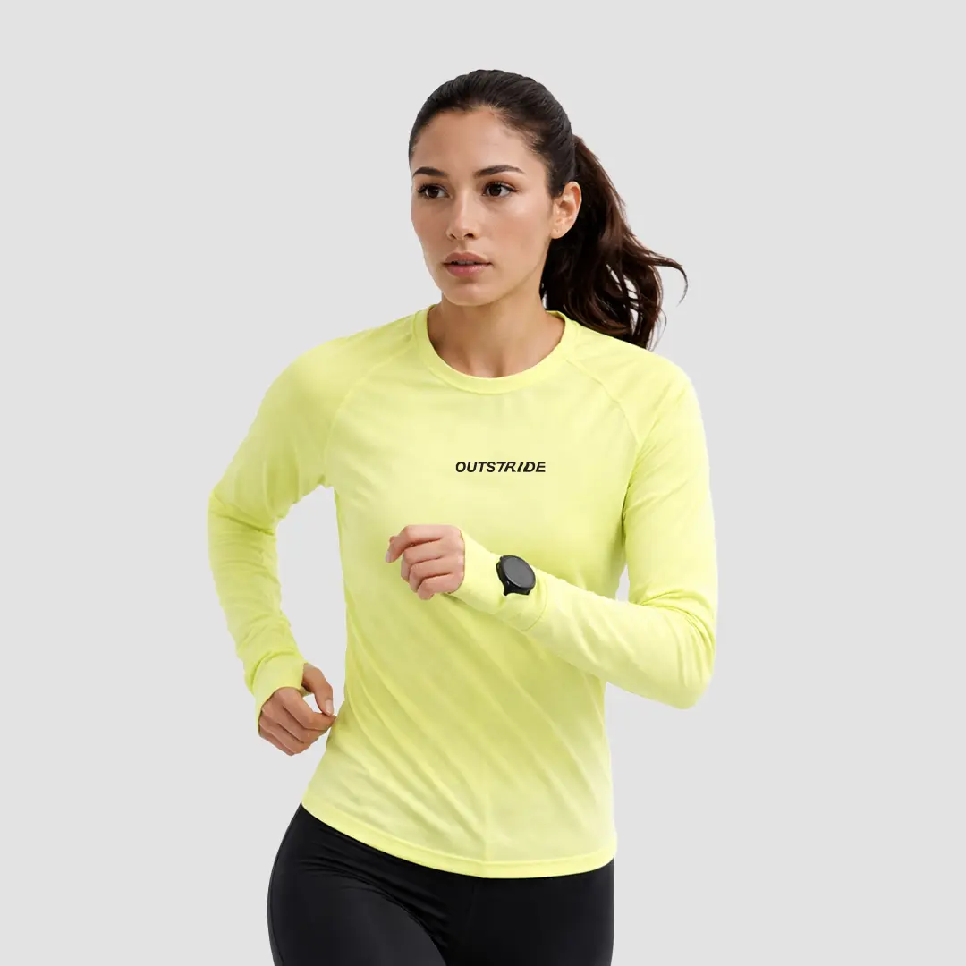 Female Athletic Fit Polyester Knit Long-Sleeve Quick-Dry Round Neck Slim-Fitting Activewear Shirt - Elastic, Breathable Fitness Training Wear for Workout Sessions