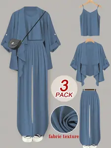 Plus Size Women's Solid Color Three-Piece Set, Spaghetti Strap Vest, Open Front Cardigan, Loose-Fit Pants, Casual Winter Womenswear