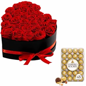 Luxury 27 Forever Preserved Red Roses in Heart Box with Ferrero Rocher 48 Pieces Valentine's Day Gifts for Her Eternal Flowers for Anniversary or Birthday
