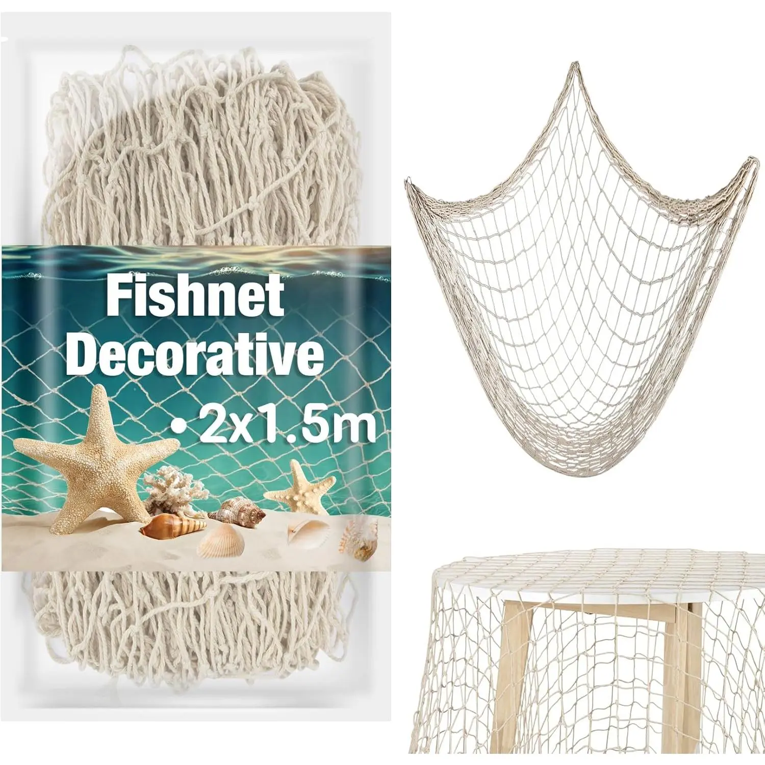 Fish Net Decorations 1.5x2m - Fish Net Decorations Decorative Netting Nautical Fishnet Table Runner Nets Netting Fishnet Ocean Party Decor Decoration Decorative Fishing Rope Cotton Hanging Wall Backdrop Balloon Beige Light Mermaid Mesh Prop