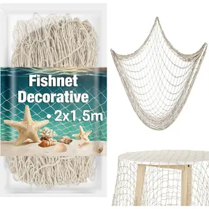 Fish Net Decorations 1.5x2m - Fish Net Decorations Decorative Netting Nautical Fishnet Table Runner Nets Netting Fishnet Ocean Party Decor Decoration Decorative Fishing Rope Cotton Hanging Wall Backdrop Balloon Beige Light Mermaid Mesh Prop