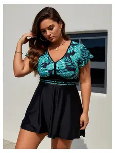 Plus Size Swim Dress - Women's Tropical Print One Piece Swimsuit with Skirt - Tummy Control Bathing Suit - 4XL Black & Green