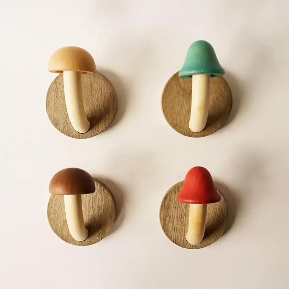 4PCS Wooden Mushroom Coat Hooks, Wall Mounted Towel Hanger, Solid Wood, Colorful, Set of Hooks with Screws (4 hooks & 8 screws)
