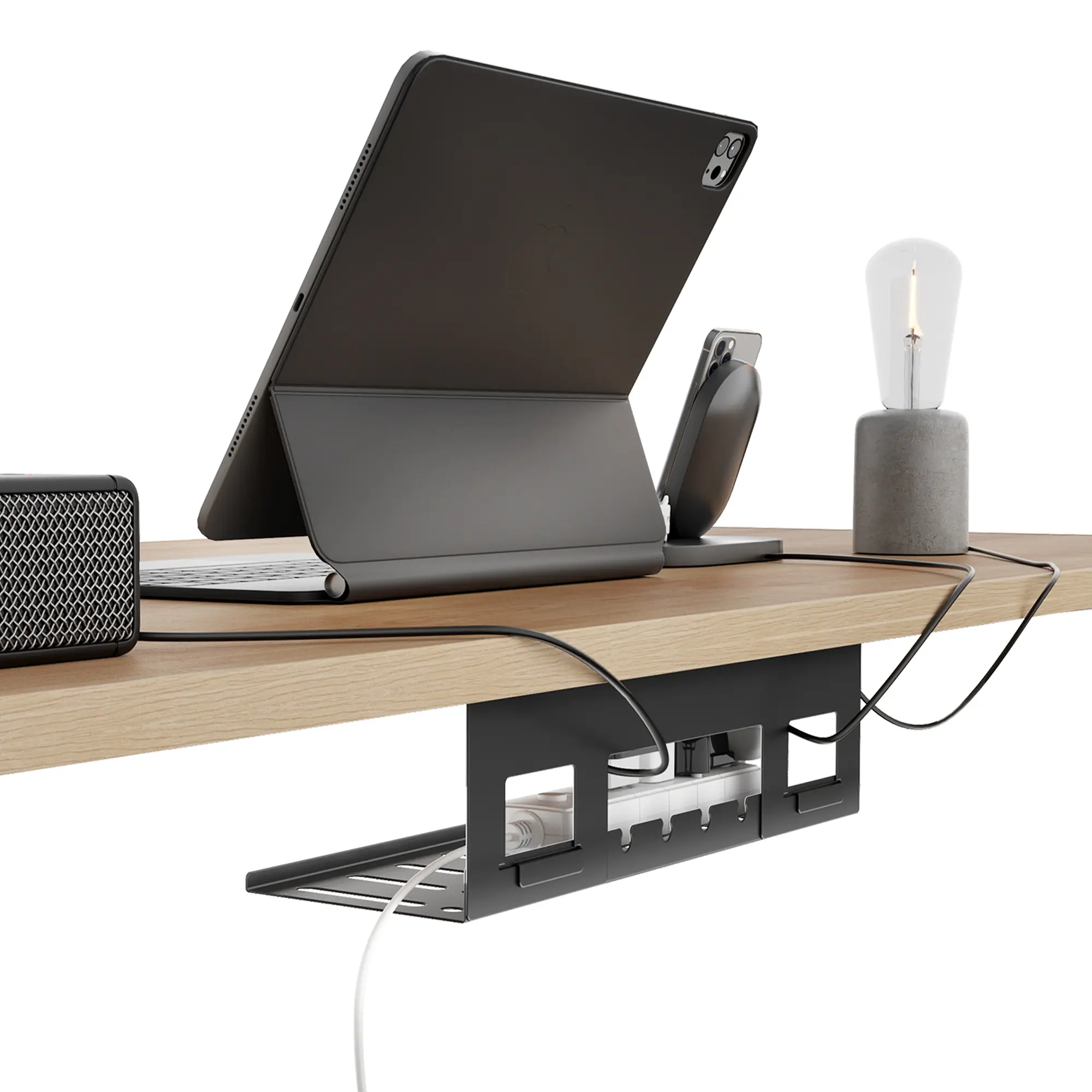 PEGZONE Metal Under Desk Cable Management Tray - 15.7"/31.5" Desk Accessories, Cord Organizer Box, Tech Organizer, Charger Holder with Simple Installation