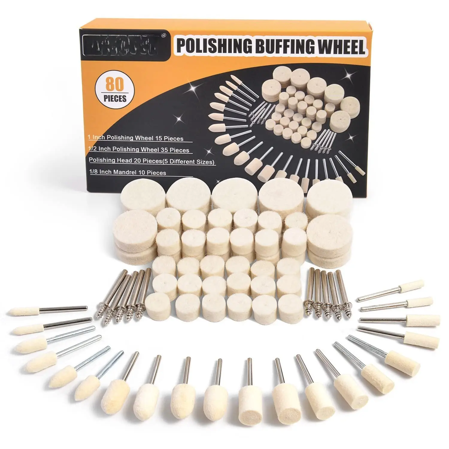 80 count Polishing Buffing Wheel for Dremel Polishing Kit,  Felt Polishing Wheel for Dremel Rotary Tool Accessories, with 1/8" Shank for  Metal Polishing