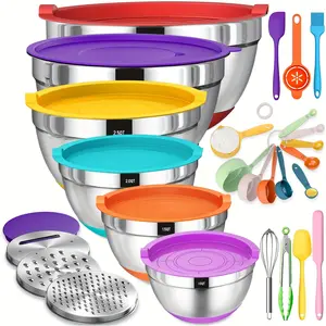 26pcs, Stainless Steel Mixing Bowls Set With Lids, 3 Crusher Attachments And Black Non-Slip Bottom, Size Of 7, 4, 2.5, 2.0, 1.5, 1QT, Perfect For Mixing And Eating, Kitchen Supplies
