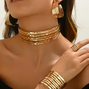 5 pieces exaggerated geometric lines personality hollow necklace, ring, earrings and bracelet jewelry set, simple style ladies all matching jewelry gifts