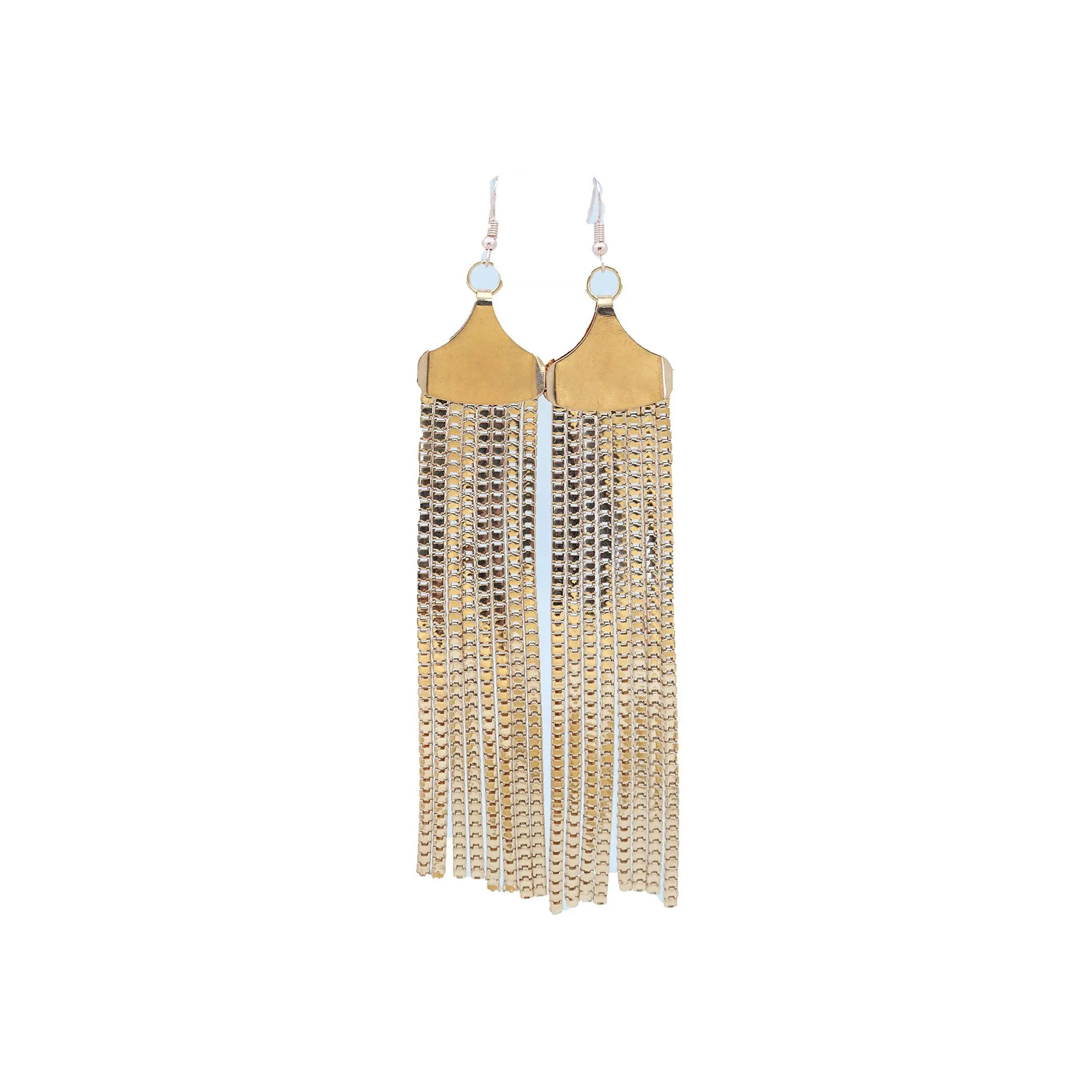 TFJ Women Fashion Jewelry Earrings Set Gold Mesh Metal Long Fringes Dangle Tassel elegant Night Club