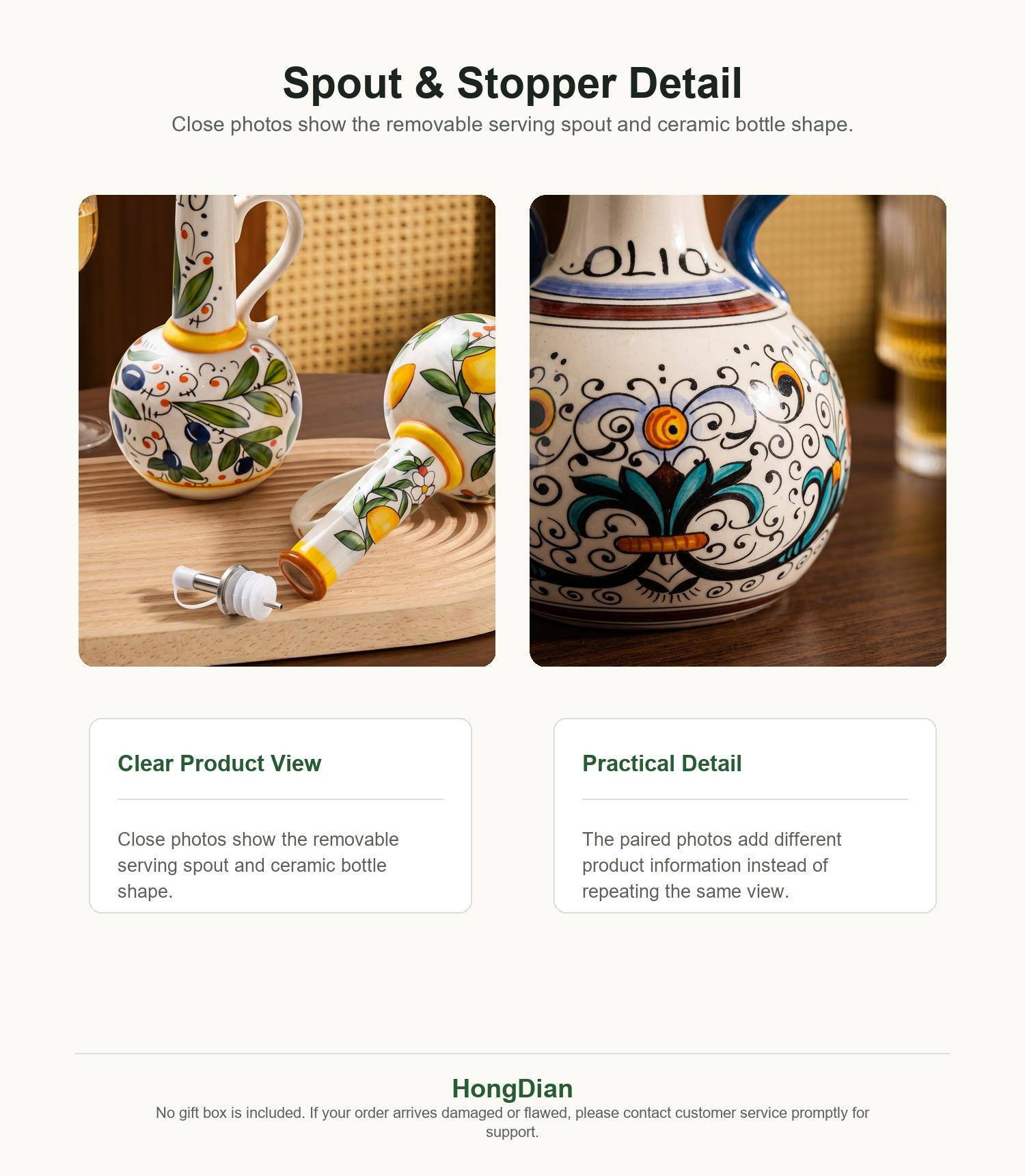 HongDian Porcelain Oil Dispenser Bottle - 19/20 oz (550ml/600ml Options) - Retro Pattern Pour Spout with Handle, Premium, Underglaze Fade Resistant, Dishwasher Safe for Kitchen Counter Cooking Prep, Ceramic, Bottle Oil Dispensers