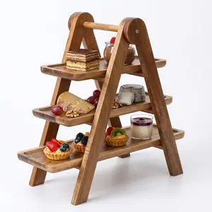 3-Tier Collapsible Wooden Serving Tray Rack, Space-Saving Rustic Display Stand with Handle & Detachable Deli Platter Board – Multi-Functional Kitchen Organizer for Counter or Dessert