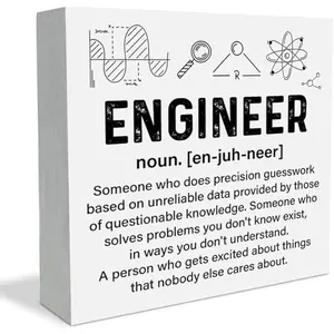 Engineer Decor Wooden Box Sign, Engineering Gifts for Engineers Civil Software Mechanical Electrical, Engineer Definition Wood Plaque Sign for Home Office Shelf Table 5x5 inch